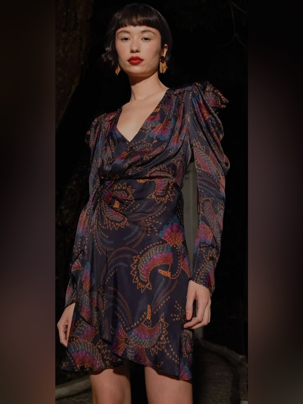 FARM Rio Navy Paisley-Print Wrap Dress with Puff Sleeves